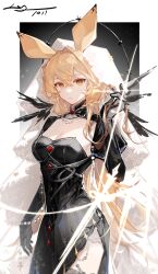 Rule 34 | 1girl, absurdres, animal ears, arknights, black background, black dress, black gloves, blonde hair, border, breasts, chinese commentary, cleavage, commentary request, cowboy shot, dated, dorothy (arknights), dorothy (hand of destiny) (arknights), dress, elbow gloves, frown, gloves, gradient background, hand up, headdress, highres, lens flare, long hair, looking at viewer, luan teng, medium breasts, mouse ears, side slit, signature, veil, yellow eyes