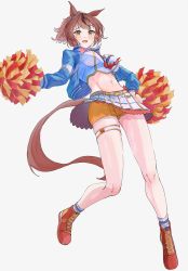 Rule 34 | 1girl, animal ears, belt, blue jacket, blush, breasts, breath, brown eyes, brown hair, crop top, full body, grey background, groin, hand on own hip, high tops, highres, holding, holding pom poms, horse ears, horse girl, horse tail, jacket, layered skirt, long sleeves, looking at viewer, medium breasts, midriff, miniskirt, multicolored hair, naka1379, navel, nice nature (run&amp;win) (umamusume), nice nature (umamusume), open clothes, open jacket, orange shorts, pom pom (cheerleading), pom poms, raised eyebrows, red footwear, shirt, shoes, short shorts, shorts, skirt, sneakers, streaked hair, sweat, tail, thigh strap, umamusume, white shirt, white skirt