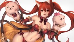 Rule 34 | 1girl, :d, animal ears, armor, bad id, bad pixiv id, bare shoulders, bow, bowtie, breasts, cerberus (shingeki no bahamut), cleavage, dog ears, elbow gloves, gloves, hair between eyes, highres, long hair, looking at viewer, navel, open mouth, red armor, red eyes, red hair, revealing clothes, shingeki no bahamut, smile, snm (sunimi), solo, teeth, twintails, very long hair