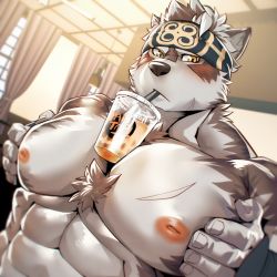 Rule 34 | 1boy, abs, animal ears, bara, between pectorals, body hair, bubble tea, bubble tea challenge, chest hair, cup, disposable cup, drink, drinking straw, furry, furry male, grabbing, grey fur, grey hair, headband, horkeu kamui, large pectorals, male focus, meme, muscular, nipples, object on pectorals, okusu (oaks16), pectoral grab, pectoral press, pectorals, short hair, solo, tokyo houkago summoners, topless male, two-tone fur, upper body, vambraces, white fur, wolf boy, wolf ears, yellow eyes