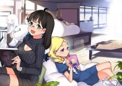 Rule 34 | 1boy, 2girls, :d, ahoge, black hair, blonde hair, book, bracelet, closed mouth, creature, day, dress, glasses, green eyes, highres, holding, holding book, indoors, jewelry, long hair, looking at viewer, meme attire, multiple girls, open-chest sweater, open book, open mouth, original, red eyes, revision, rumo, short hair, sitting, sleeping, smile, sweater, thighhighs, turtleneck