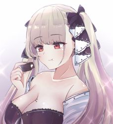 Rule 34 | 1girl, azur lane, bare shoulders, black ribbon, blush, breasts, chocolate, cleavage, closed mouth, dress, eating, food, formidable (azur lane), hair ribbon, highres, holding, holding chocolate, holding food, large breasts, long hair, looking at viewer, platinum blonde hair, pumpkinpaii, red eyes, ribbon, solo, twintails, upper body, white background