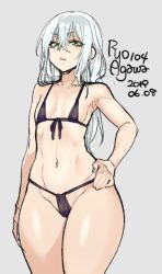 Rule 34 | 1girl, 2019, agawa ryou, bikini, breasts, cowboy shot, dated, female focus, flat chest, green eyes, hand on own hip, micro bikini, signature, silver hair, simple background, small breasts, solo, standing, swimsuit, thick thighs, thighs, wide hips