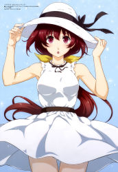 Rule 34 | 1girl, :o, absurdres, bare arms, blush, brown eyes, brown hair, clothes lift, dress, gluteal fold, hair ribbon, hands on headwear, hat, hat ribbon, highres, kagami sumika, long hair, looking at viewer, megami magazine, muv-luv, muv-luv alternative, muv-luv alternative (anime), official art, open mouth, panties, panty peek, ribbon, scan, simple background, skirt, skirt lift, solo, standing, sun hat, sundress, underwear, white dress, white panties