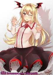 Rule 34 | 10s, 1girl, black pantyhose, blonde hair, breasts, cowboy shot, fang, female focus, flower, frilled skirt, frills, gradient background, granblue fantasy, grey background, head wings, heart, heart-shaped pupils, highres, long hair, long sleeves, looking at viewer, md5 mismatch, nekobox, pantyhose, petticoat, red eyes, rose, shingeki no bahamut, shirt, skirt, small breasts, smile, solo, standing, symbol-shaped pupils, thighhighs, vampire, vampy, white shirt, wings