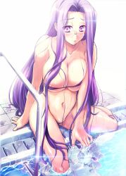 Rule 34 | 1girl, :o, absurdres, areola slip, bare shoulders, bikini, blush, breasts, cleavage, collarbone, covered erect nipples, fate/stay night, fate (series), female focus, glasses, highres, huge breasts, long hair, looking at viewer, medusa (fate), medusa (rider) (fate), micro bikini, navel, open mouth, ouma tokiichi, parted lips, partially submerged, poolside, purple eyes, purple hair, simple background, sitting, solo, square pupils, swimsuit, tareme, very long hair