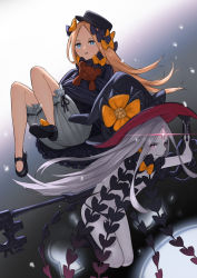 Rule 34 | abigail williams (fate), abigail williams (third ascension) (fate), bare shoulders, black bow, black dress, black headwear, black panties, blonde hair, bloomers, blue eyes, bow, breasts, colored skin, dress, fate/grand order, fate (series), forehead, glowing, glowing eye, gradient background, grey background, hair bow, hat, highres, key, keyhole, legs, long hair, multiple hair bows, navel, orange bow, panties, parted bangs, polka dot, polka dot bow, red eyes, ribbed dress, s.w, sleeves past fingers, sleeves past wrists, small breasts, smile, staff, stuffed animal, stuffed toy, teddy bear, third eye, underwear, white bloomers, white hair, white skin, witch hat