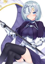 Rule 34 | 1girl, banner, black panties, black thighhighs, blue eyes, blue hair, blush, capelet, commentary request, cosplay, crossed legs, eyebrows, eyes visible through hair, fate/apocrypha, fate (series), fleur-de-lis, gauntlets, grey hair, hair ornament, hair over one eye, hairclip, hamakaze (kancolle), headdress, headpiece, highres, jeanne d&#039;arc (fate), jeanne d&#039;arc (ruler) (fate), kantai collection, matching hair/eyes, nezumi doshi, panties, ruler (fate/apocrypha) (cosplay), short hair, sitting, smile, solo, thighhighs, underwear, white background