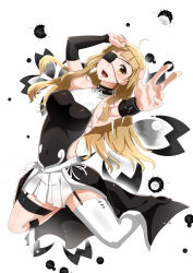 Rule 34 | 1girl, armpits, asymmetrical legwear, blonde hair, brown eyes, copyright request, covered navel, detached sleeves, eyepatch, garter straps, highres, long hair, murabito c, pleated skirt, simple background, skirt, solo, thighhighs, uneven legwear, white background, white skirt, white thighhighs