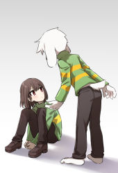 Rule 34 | 1boy, 1other, animal ears, asriel dreemurr, barefoot, blush, bob cut, brown footwear, brown hair, brown pants, chara (undertale), closed mouth, from behind, furry, furry male, gradient background, green shirt, highres, leftporygon, loafers, long sleeves, looking at another, medium hair, multicolored shirt, on floor, own hands together, pants, porygonleft, red eyes, shirt, shoes, simple background, sitting, tail, turtleneck, undertale, white fur, yellow shirt