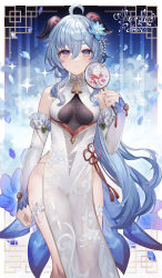 Rule 34 | 1girl, abandon ranka, ahoge, alternate costume, arm at side, artist name, bare shoulders, bell, black bodysuit, blue flower, blue hair, blue petals, bodystocking, bodysuit, bodysuit under clothes, breasts, center opening, chinese knot, cleavage cutout, closed mouth, clothing cutout, commentary, covered navel, cowbell, detached sleeves, falling petals, feet out of frame, floating hair, floral print, flower, frills, ganyu (genshin impact), genshin impact, goat horns, gold trim, gradient eyes, hair between eyes, hair flower, hair ornament, hand up, highleg, highleg leotard, highres, holding, horns, leotard, long sleeves, looking at viewer, low ponytail, medium breasts, multicolored eyes, neck bell, panties, panty straps, pelvic curtain, petals, purple eyes, ribbon trim, see-through, side slit, sidelocks, sleeveless, sleeves past wrists, smile, solo, standing, string panties, tassel, thighs, underwear, white flower, white leotard, white sleeves