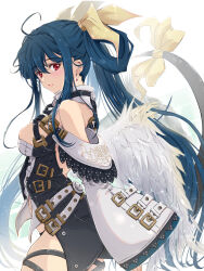 Rule 34 | 1girl, ahoge, angel wings, asymmetrical wings, back, bare shoulders, belt, blue hair, blush, breasts, cleavage, cleavage cutout, clothing cutout, detached collar, detached sleeves, dizzy (guilty gear), feathered wings, from side, guilty gear, guilty gear xrd, hair between eyes, hair rings, highres, large breasts, light rays, long hair, looking at viewer, mature female, monster girl, nt50, o-ring, o-ring top, open mouth, red eyes, ribbon, shaded face, sideboob, sidelocks, skindentation, smile, solo, sunbeam, sunlight, tail, tail ornament, tail ribbon, thick thighs, thigh strap, thighs, twintails, wide sleeves, wings