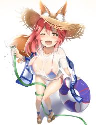 Rule 34 | 10s, 1girl, animal ears, bikini, blue bikini, blush, breasts, cleavage, ears through headwear, fate/extra, fate/grand order, fate (series), fox ears, fox tail, from above, hat, highres, hose, innertube, knees together feet apart, large breasts, leaning forward, long hair, looking at viewer, one eye closed, open mouth, pink hair, reinama, sandals, see-through, shirt, side-tie bikini bottom, solo, straw hat, sun hat, swim ring, swimsuit, tail, tamamo (fate), tamamo no mae (fate/extra), tamamo no mae (swimsuit lancer) (fate), tamamo no mae (swimsuit lancer) (second ascension) (fate), thighs, wet, wet clothes, wet shirt, white shirt, yellow eyes
