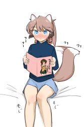 Rule 34 | 1girl, absurdres, alternate costume, animal ears, blue eyes, blue shorts, blue sweater, brown hair, feet out of frame, fox ears, fox tail, gradient hair, hair ribbon, highres, hiryuu (kancolle), kantai collection, kazagumo (kancolle), long hair, manga (object), multicolored hair, ponytail, pornography, reading, ribbon, shorts, simple background, solo, sweater, tail, tail wagging, tsuru (thunder tsuru), white background