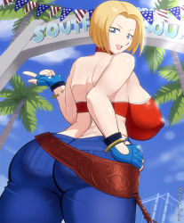 Rule 34 | 1girl, ass, blonde hair, blue eyes, blue mary, breasts, covered erect nipples, curvy, darm engine, denim, fatal fury, fingerless gloves, gloves, hand on own hip, huge breasts, jeans, looking at viewer, looking back, midriff, open mouth, pants, short hair, sideboob, smile, snk, solo, the king of fighters, the king of fighters xv, thick thighs, thighhighs, thighs