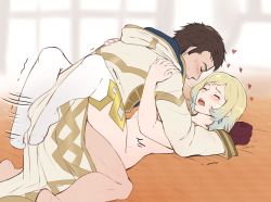 Rule 34 | 1boy, 1girl, bed, bed sheet, blonde hair, blue hair, blush, brown hair, closed eyes, clothed male nude female, evomanaphy, fire emblem, fire emblem heroes, fjorm (fire emblem), gloves, gradient hair, heart, hetero, highres, hood, hood down, kiran (fire emblem), kiran (male) (fire emblem), leg lock, lying, missionary, multicolored hair, nintendo, nude, on back, open mouth, sex, short hair, spread legs, thighhighs, vaginal, white thighhighs