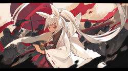 Rule 34 | 1girl, animal ears, battle, battoujutsu stance, fighting stance, grin, hair ornament, hairpin, highres, jong tu, katana, letterboxed, long hair, pixiv fantasia, pixiv fantasia fallen kings, ready to draw, red eyes, smile, solo focus, sword, very long hair, weapon, white hair