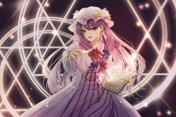 Rule 34 | 1girl, book, bow, crescent, crescent hat ornament, dress, hat, hat ornament, highres, long hair, long sleeves, looking at viewer, magic circle, mob cap, open mouth, oshamu, patchouli knowledge, purple eyes, purple hair, ribbon, simple background, solo, striped clothes, striped dress, touhou, very long hair