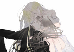 Rule 34 | 1boy, 1girl, absurdres, age difference, bare shoulders, bishounen, black nails, black robe, blonde hair, couple, dress, grey eyes, grey hair, hair between eyes, hands on another&#039;s head, hetero, highres, long hair, looking at another, msa (fary white), off-shoulder dress, off shoulder, original, parted lips, robe, simple background, sitting, slit pupils, very long hair, wavy hair, white background, white dress