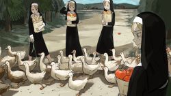 Rule 34 | animal, bag, baguette, bird, blonde hair, blush, bread, brown hair, chicken, clumsy nun (diva), day, diva (hyxpk), duck, flock, food, full body, geese, goose, grass, habit, highres, hungry nun (diva), little nuns (diva), long hair, mole, mole under eye, multiple girls, nature, nun, odd one out, onion, original, outdoors, paper bag, path, pepper, red hair, road, scenery, shopping bag, sky, spicy nun (diva), standing, strict nun (diva), tomato, traditional nun, tree