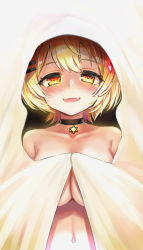 Rule 34 | 1girl, bed sheet, black choker, blonde hair, blush, breasts, choker, collarbone, commentary request, fang, glowing, hair ornament, hairclip, hololive, large breasts, looking at viewer, naked sheet, navel, parted lips, red eyes, short hair, smile, solo, unname, upper body, virtual youtuber, yellow eyes, yozora mel
