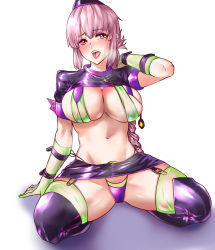 Rule 34 | 1girl, absurdres, arm up, belt, bikini, black skirt, boots, braid, breasts, cleavage, commentary request, elbow gloves, fate/grand order, fate (series), florence nightingale (fate), florence nightingale (trick or treatment) (fate), garter straps, gloves, green bikini, green gloves, green thighhighs, hat, highres, kisaragi tsurugi, large breasts, layered bikini, lips, long hair, looking at viewer, navel, nurse cap, official alternate costume, open mouth, pink hair, red eyes, revealing clothes, shiny clothes, side-tie bikini bottom, simple background, skindentation, skirt, solo, spread legs, stethoscope, swimsuit, teeth, thigh boots, thighhighs, tongue, tongue out, white background