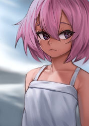 Rule 34 | 1girl, bad id, bad twitter id, blue background, blurry, blurry background, bob cut, closed mouth, depth of field, dress, hair between eyes, looking to the side, original, pink hair, purple eyes, short hair, solo, sundress, upper body, white dress, zakusi