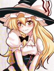 Rule 34 | 1girl, alternate costume, blonde hair, blush, bow, braid, breasts, cleavage, face, female focus, hair bow, hat, k2isu, kirisame marisa, long hair, small breasts, smile, solo, touhou, v arms, witch, witch hat, yellow eyes