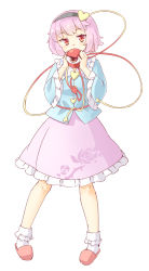 Rule 34 | 1girl, arnest, black hairband, blue shirt, blush, bobby socks, covered mouth, covering own mouth, floral print, frilled sleeves, frills, full body, hairband, hands up, heart, holding, komeiji satori, long sleeves, looking at viewer, pink hair, pink skirt, red eyes, red footwear, rose print, shirt, short hair, simple background, skirt, slippers, socks, solo, third eye, touhou, white background, white socks, wide sleeves