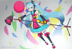 Rule 34 | 1girl, :d, artist name, balloon, blue bow, blue eyes, blue hair, blue skirt, blush, boots, bow, bubble skirt, detached sleeves, dutch angle, earphones, hair between eyes, hatsune miku, highres, holding, knee boots, long hair, looking at viewer, magical mirai (vocaloid), magical mirai miku, magical mirai miku (2018), megaphone, mountain han, neckerchief, open mouth, red bow, skirt, smile, solo, tattoo, twintails, very long hair, vocaloid, yellow bow
