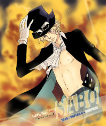 Rule 34 | 1boy, ascot, blonde hair, fire, goggles, gradient background, hat, male focus, one piece, open clothes, open shirt, sabo (one piece), scar, shirt, solo, top hat