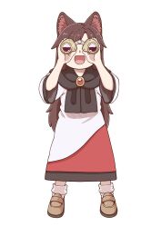 Rule 34 | 1girl, :d, animal ear fluff, animal ears, binoculars, brooch, brown footwear, brown hair, commentary request, dress, full body, holding, holding binoculars, imaizumi kagerou, jewelry, loafers, long hair, long sleeves, looking at viewer, medium bangs, open mouth, poronegi, red brooch, red skirt, shoes, simple background, skirt, smile, socks, solo, standing, touhou, white background, white dress, white socks, wolf ears, wolf girl
