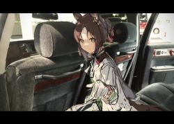 Rule 34 | 1girl, animal ears, asama (drift in), black vest, brown hair, car interior, fine motion (umamusume), gloves, hair between eyes, horse ears, horse girl, horse tail, jacket, long sleeves, looking at viewer, outstretched arm, solo, tail, umamusume, vest, white gloves, white jacket, yellow eyes