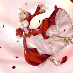 Rule 34 | 10s, 1girl, ahoge, armor, blonde hair, boots, breasts, cleavage, dress, epaulettes, fate/extra, fate/stay night, fate (series), gorakujin, green eyes, highres, large breasts, nero claudius (fate), nero claudius (fate) (all), nero claudius (fate/extra), open mouth, panties, petals, ribbon, see-through, solo, underwear
