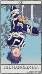 Rule 34 | 1boy, absurdres, bandages, blue background, blue eyes, blue hair, blue pants, blue shirt, boku no hero academia, bound, bound wrists, character name, closed mouth, commentary request, english text, full body, highres, long sleeves, male focus, pants, roman numeral, shinsou hitoshi, shirt, short hair, solo, tarot, tarot (medium), the hanged man (tarot), tiaoliang, tied up (nonsexual), u.a. gym uniform, upside-down, white background, white pants, white shirt