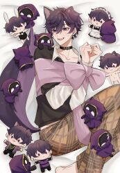 Rule 34 | 1boy, animal ears, barefoot, black shirt, character doll, dog ears, dog tail, earrings, highres, indie virtual youtuber, jewelry, long sleeves, male focus, mmanohei, open mouth, pants, purple eyes, purple hair, purple tail, shirt, short hair, shoto (vtuber), solo, stuffed toy, tail, virtual youtuber