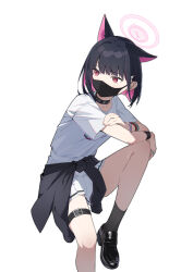 Rule 34 | 1girl, absurdres, animal ears, arm on knee, bangle, belt, black collar, black footwear, black hair, black jacket, black socks, black wristband, blue archive, bracelet, cat ears, clothes around waist, collar, collarbone, colored inner hair, crossed arms, earclip, extra ears, foot out of frame, hair ornament, hairclip, halo, highres, jacket, jacket around waist, jewelry, kazusa (band) (blue archive), kazusa (blue archive), knee up, kro (kroooxd), loafers, mask, mouth mask, multicolored hair, official alternate costume, pink hair, pink halo, pink nails, red eyes, ring, shirt, shirt tucked in, shoes, short hair, short sleeves, simple background, skirt, socks, solo, thigh belt, thigh strap, white background, white shirt, white skirt