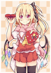 Rule 34 | 1girl, adapted costume, ascot, black thighhighs, blonde hair, box, dress, flandre scarlet, gift, gift box, hair ribbon, heart-shaped box, highres, incoming gift, kan lee, no headwear, no headwear, pink eyes, puffy short sleeves, puffy sleeves, red dress, ribbon, sash, scarf, shirt, short sleeves, side ponytail, smile, solo, thighhighs, thighs, touhou, valentine, wings