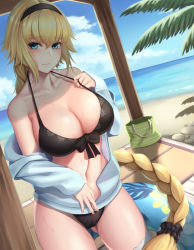 Rule 34 | 1girl, bag, beach, bikini, black bikini, blonde hair, blue eyes, blue hoodie, braid, breasts, cleavage, cloud, cloudy sky, collarbone, commentary request, day, dutch angle, dydydyok, fate/grand order, fate (series), gluteal fold, hair between eyes, hairband, highres, hood, hoodie, innertube, jacket, jeanne d&#039;arc (fate), jeanne d&#039;arc (ruler) (fate), jeanne d&#039;arc (swimsuit archer) (fate), jeanne d&#039;arc (swimsuit archer) (first ascension) (fate), large breasts, long hair, looking at viewer, ocean, open clothes, palm tree, removing jacket, shaded face, shelter, sky, smile, solo, swim ring, swimsuit, thigh strap, tote bag, tree, very long hair