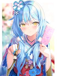 Rule 34 | 1girl, absurdres, blue hair, blue kimono, blue nails, blurry, blurry background, blush, closed mouth, commentary request, floral print, flower, hagoita, hair flower, hair ornament, hair over shoulder, hairclip, highres, holding, holding paddle, holding paintbrush, hololive, japanese clothes, kimono, long hair, looking at viewer, mugicho (kdks5554), nail polish, obi, paddle, paintbrush, print kimono, sash, smile, solo, tassel, twintails, upper body, virtual youtuber, yellow eyes, yukihana lamy, yukihana lamy (new year)