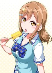 Rule 34 | 1girl, blue bow, blue bowtie, blush, bow, bowtie, brown hair, collared shirt, commentary request, food, hair ornament, hairclip, half-closed eyes, halftone, halftone background, holding, holding food, kunikida hanamaru, long hair, looking at viewer, love live!, love live! school idol festival, love live! sunshine!!, open collar, popsicle, saliva, saliva trail, shirt, short sleeves, solo, star (symbol), star hair ornament, striped bow, striped bowtie, striped clothes, striped neckwear, sweat, sweater vest, tongue, tongue out, upper body, yellow eyes, yopparai oni