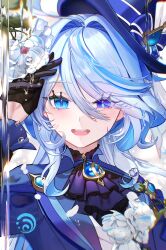 Rule 34 | 1girl, ahoge, ascot, black gloves, blue ascot, blue brooch, blue hair, blue hat, blue jacket, blush, chromatic aberration, flower, furina (genshin impact), genshin impact, gloves, hair between eyes, hat, heterochromia, highres, hydro symbol (genshin impact), jacket, light blue hair, long hair, looking at viewer, multicolored hair, open mouth, sidelocks, smile, solo, streaked hair, teeth, top hat, ttorong, two-tone hair, upper body, upper teeth only, water, water drop, white flower