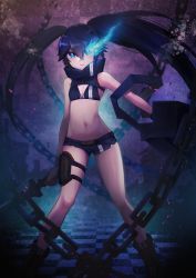 Rule 34 | 0w00v0, 1girl, absurdres, asymmetrical hair, bikini, bikini top only, black bikini, black hair, black rock shooter, black rock shooter: dawn fall, black rock shooter (character), black shorts, blue eyes, breasts, chain, checkered floor, cleavage, closed mouth, flaming eye, floating hair, gloves, grey gloves, hair between eyes, highres, holding, holding sword, holding weapon, holster, long hair, looking at viewer, micro shorts, midriff, navel, shorts, small breasts, solo, stomach, swimsuit, sword, thigh holster, thighs, twintails, very long hair, weapon
