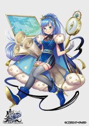 Rule 34 | 1girl, blue eyes, blue hair, boots, breasts, copyright name, full body, grey background, grey thighhighs, hairband, high heel boots, high heels, long hair, looking at viewer, matsurika youko, official art, short hair, smile, solo, the caster chronicles, thighhighs, translation request, very long hair, white background