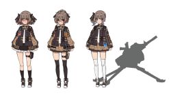 Rule 34 | 3girls, ags-30, ags-30 (girls&#039; frontline), automatic grenade launcher, black legwear, blue eyes, brown hair, camouflage, commentary request, crew-served weapon, different shadow, drum magazine, full body, girls&#039; frontline, glasses, grenade launcher, hair ornament, hair ribbon, height difference, highres, id card, looking at viewer, magazine (weapon), medium hair, military, military uniform, multiple girls, necktie, ponytail, red eyes, ribbon, shoes, side ponytail, simple background, skirt, terras, thighhighs, uniform, weapon, white background, white legwear, yellow eyes
