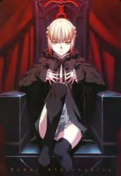 Rule 34 | 00s, 1girl, artoria pendragon (all), artoria pendragon (fate), black thighhighs, blonde hair, bow, braid, fate/stay night, fate (series), frills, gothic lolita, hair bow, highres, indoors, lolita fashion, official alternate costume, ribbon, saber (fate), saber alter, sitting, solo, thighhighs, yellow eyes