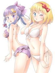 Rule 34 | 2girls, alice margatroid, arnest, ass, bikini, blonde hair, blowing kiss, blue eyes, bow, breasts, cleavage, commentary request, hair bow, halterneck, large breasts, long hair, looking at viewer, multiple girls, navel, one eye closed, patchouli knowledge, purple bikini, purple bow, purple eyes, purple hair, red bow, short hair, side-tie bikini bottom, simple background, standing, string bikini, swimsuit, touhou, white background, white bikini, wink
