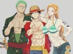 Rule 34 | 1girl, 2boys, aoico blue8, arm tattoo, artist name, bikini, bikini top only, black eyes, black hair, closed mouth, commentary request, earrings, green bikini, green hair, hat, highres, jewelry, katana, long hair, looking at viewer, monkey d. luffy, multiple boys, nami (one piece), one eye closed, one piece, open clothes, orange hair, red shirt, roronoa zoro, scar, scar across eye, scar on chest, shirt, short hair, simple background, single earring, smile, straw hat, swimsuit, sword, tattoo, v, weapon