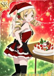 Rule 34 | 10s, 1girl, alternate costume, apron, black thighhighs, blonde hair, bow, cake, christmas, dessert, dress, drill hair, food, hair ornament, hat, mahou shoujo madoka magica, mahou shoujo madoka magica plus, official art, pastry bag, santa costume, santa hat, smile, solo, thighhighs, tomoe mami, trading card, twin drills, yellow eyes