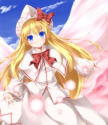 Rule 34 | 1girl, blonde hair, blouse, blue eyes, blush, bow, capelet, cloud, day, fairy, female focus, hat, hat ribbon, lily white, long hair, outdoors, outstretched arms, ribbon, sakura yuuya, shirt, skirt, sky, solo, spread arms, touhou, very long hair, wings